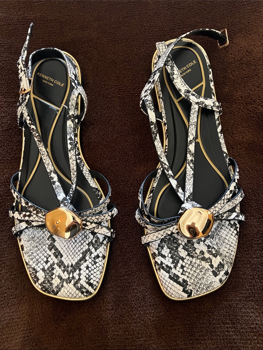 Kenneth Cole Black & White Snake-Print Strappy Sandals with Gold Accent Disk